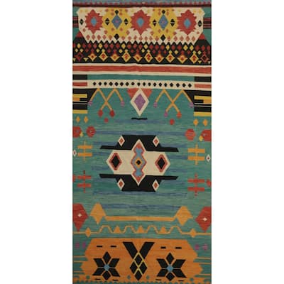 Hand Woven Oriental 100% Wool Carpet Southwestern Tribal Green Kilim Area Rug - 14' 10'' X 6' 9''