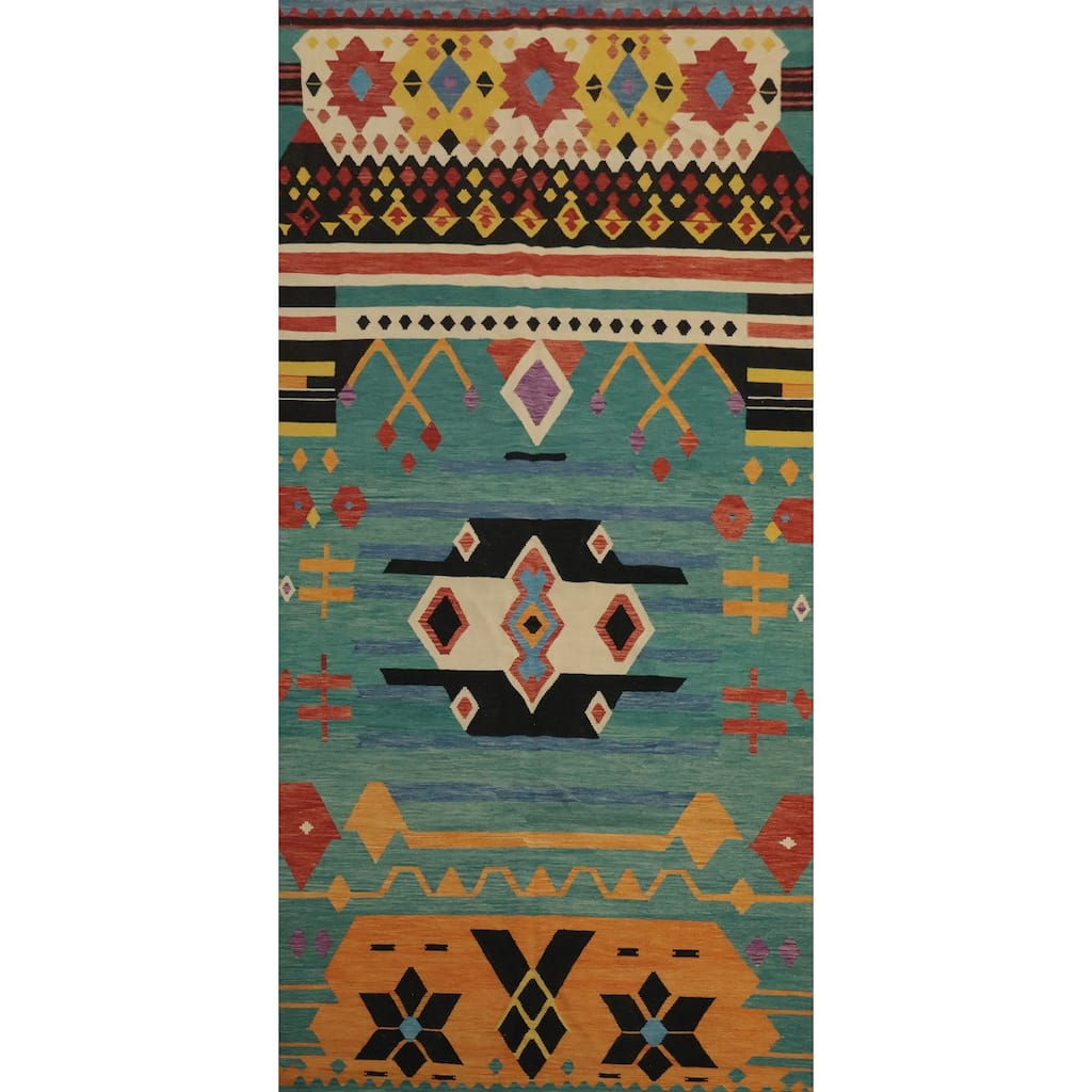 Hand Woven Oriental 100% Wool Carpet Southwestern Tribal Green Kilim Area Rug - 14' 10'' X 6' 9''