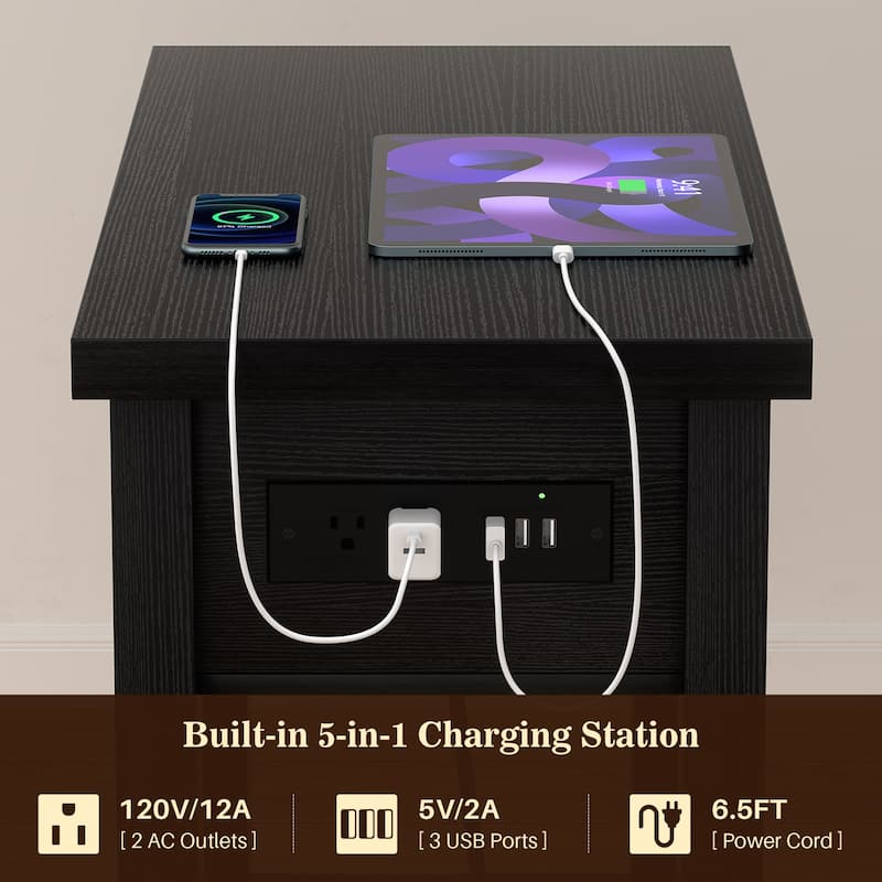 Farmhouse End Table with Wood Drawers and Charging Station, Sofa Side Table, Nightstand