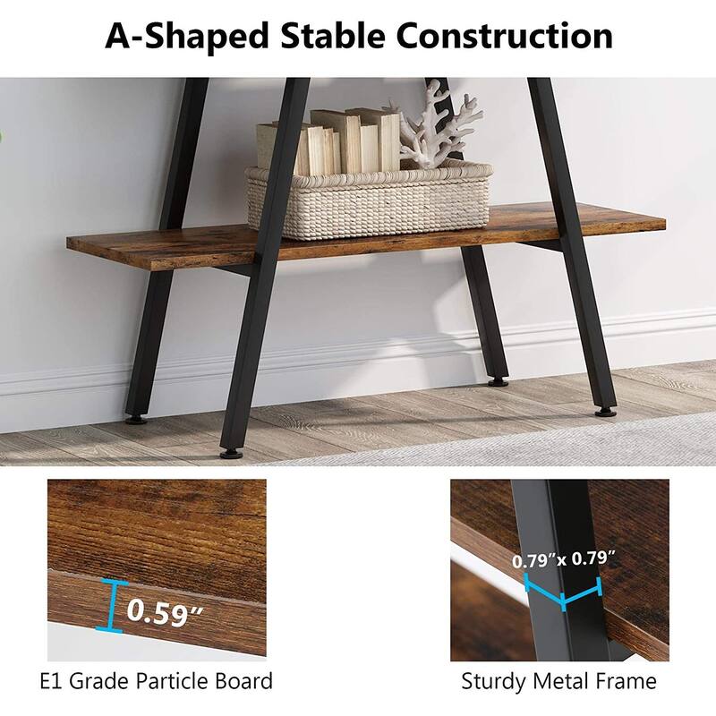 4-Tier Bookshelf Bookcase 4 Shelves Industrial Ladder Shelf, Brown and White