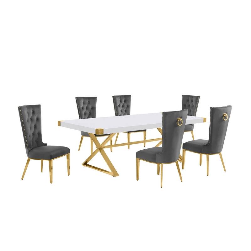 Best Quality Furniture D442/3-SC330-7 Dining Set with 94" White Lacquer Wood Top