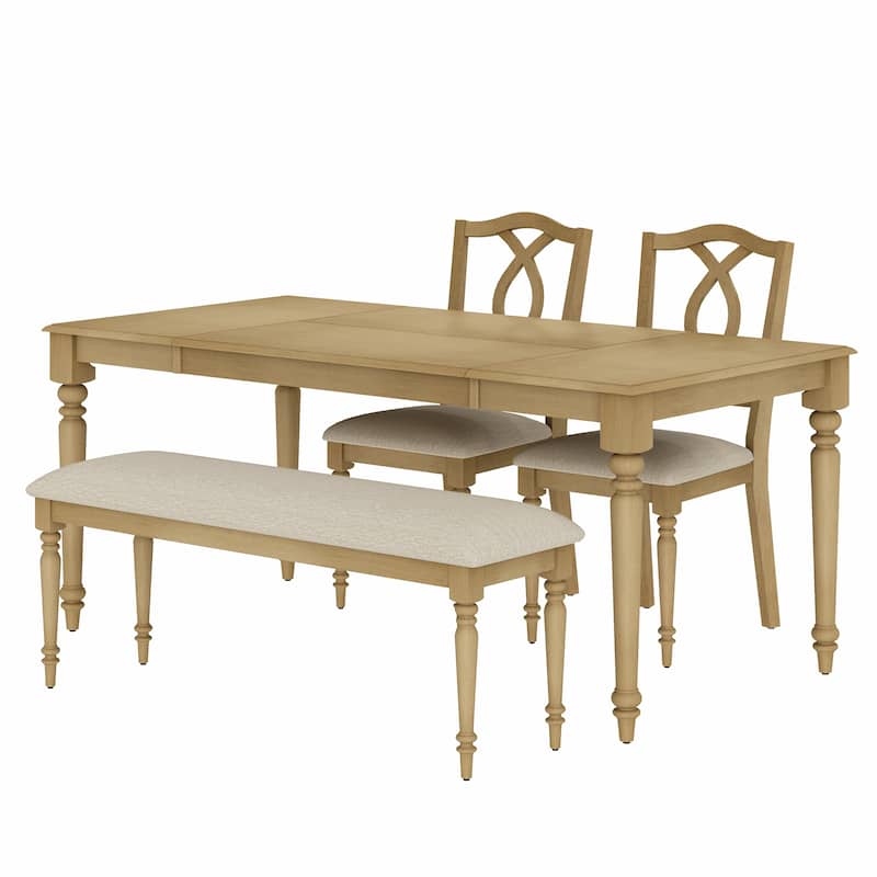 4-Piece Dining Table Set, Table with Bench & 2 Cross-Back Chairs, Oak