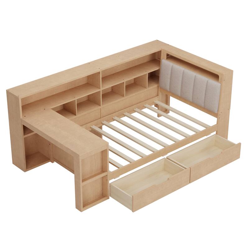 L-shaped Bookcase Daybed Wooden Corner Bed Twin Size Bed Built-in Work Desk, Hidden Headboard Storage, Under-bed Drawers, LED