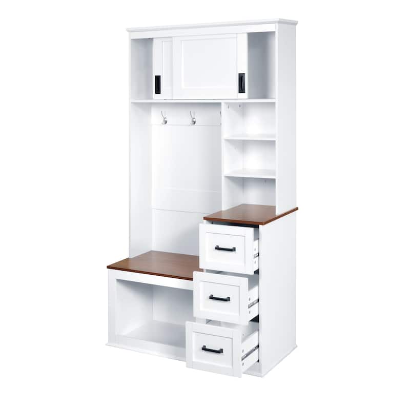40.2" Wide Hall Tree with Storage Bench for Hallway, Entryway Bench with Coat Rack, 3 Shelves and Drawers, 3 Sturdy Hooks