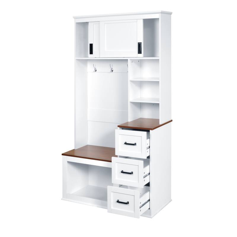 Modern Entryway Bench with Coat Rack, 3 Shelves, Drawers, 3 Hooks, and Storage