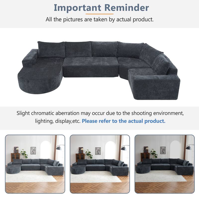 Chenille U-shaped Sofa, Cloud Sectional Sofa Set Upholstered Deep Seat Couches with 6 Pillow Recliner Sofa for Living Room