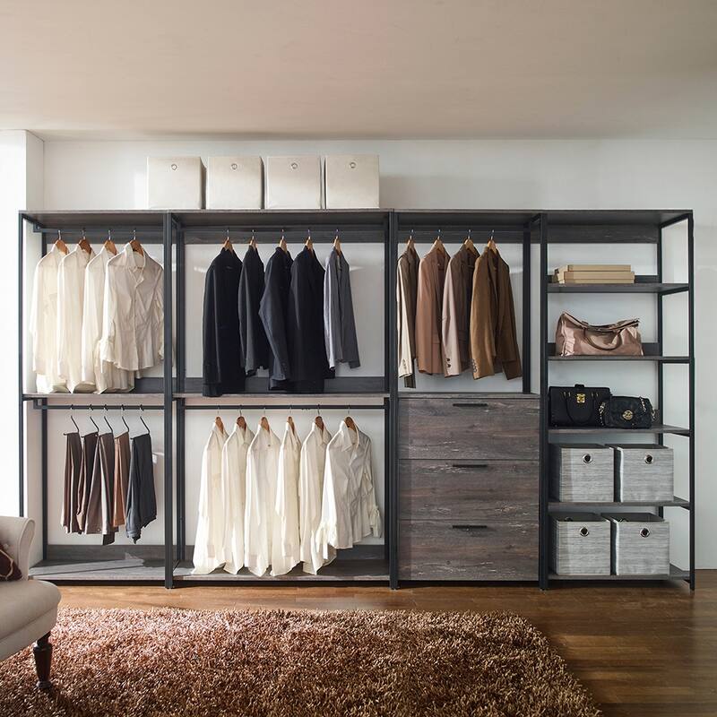 Monica Rustic Gray Freestanding Walk in Wood Closet System with Metal Frame