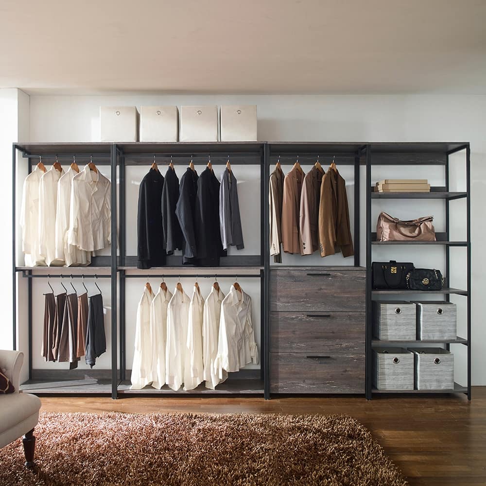 Monica Rustic Gray Freestanding Walk in Wood Closet System with Metal Frame