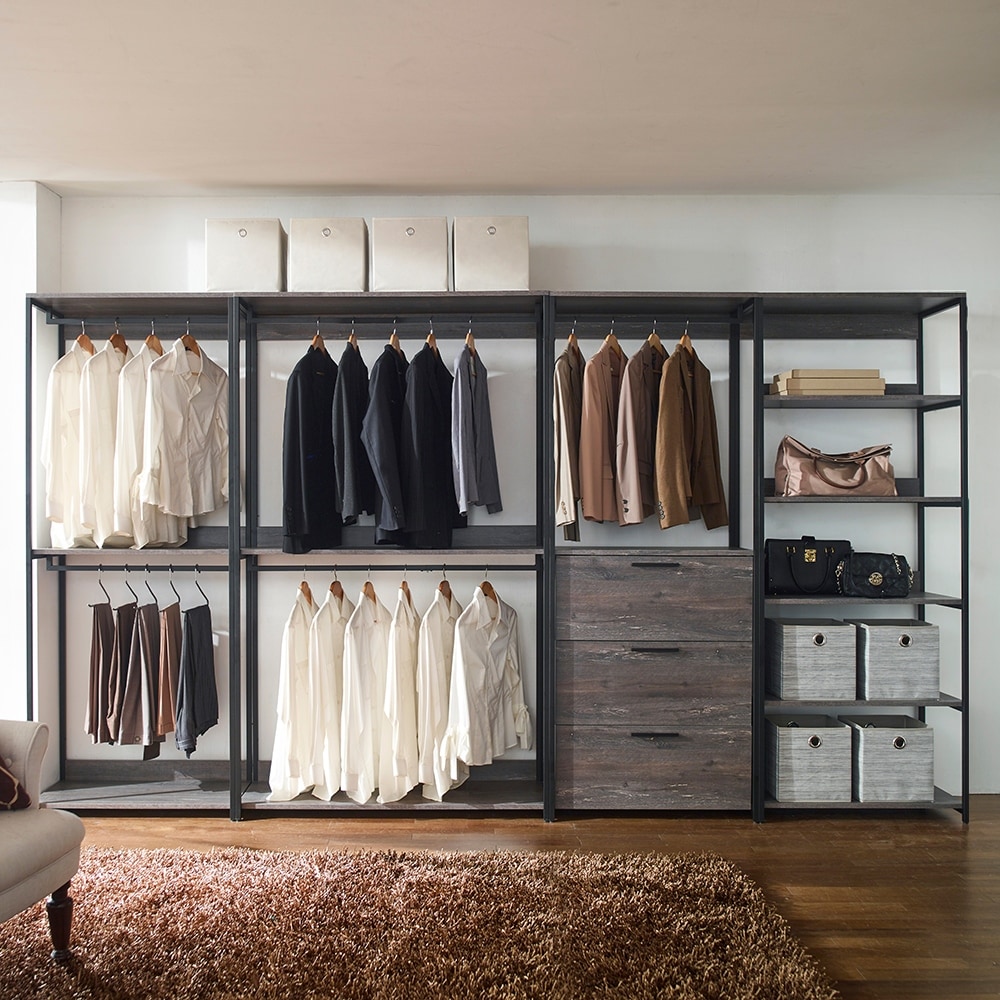 Monica Rustic Gray Freestanding Walk in Wood Closet System with Metal Frame
