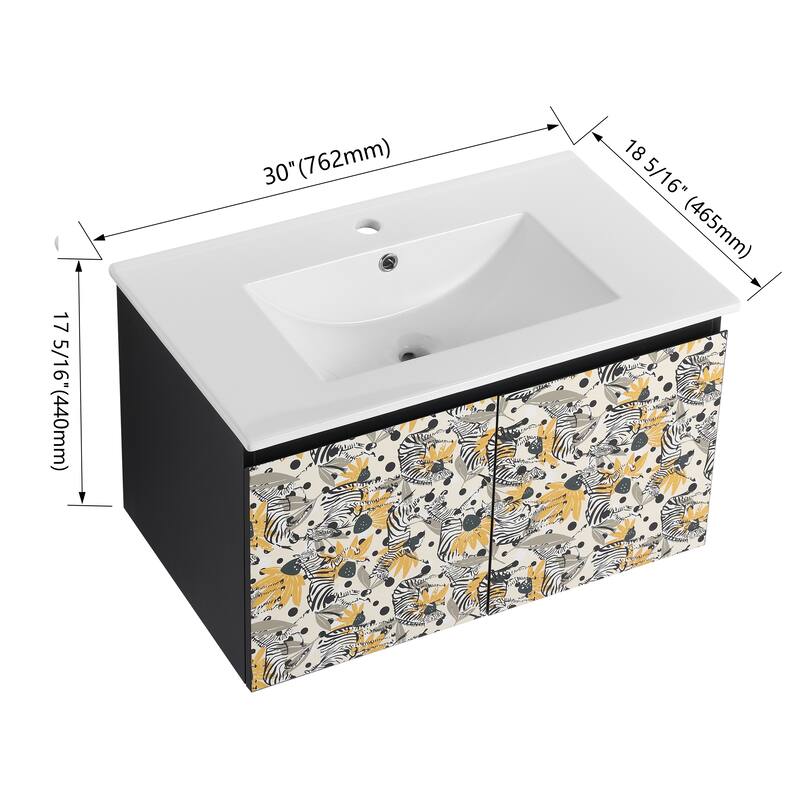 30" Floating Wall-Mounted Bathroom Vanity with Soft-Close Door Hinges, Ceramic Sink & Ample Storage