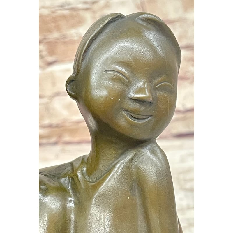 Chinese Children Brother And Sister Posing For Picture Collectible Bronze Sculpture By Zhang