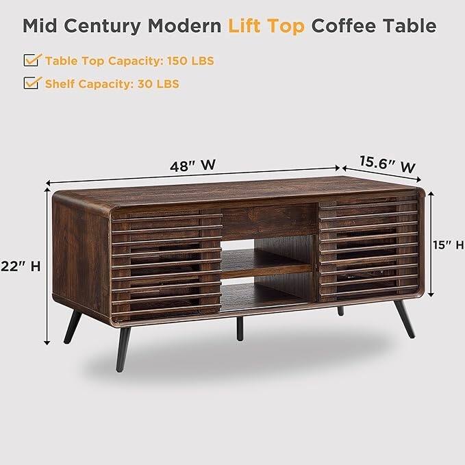 Mid Century Modern Lift Top Coffee Table, Center Table for Living Room