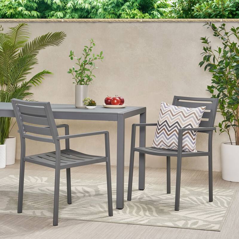 Roomfitters Modern Outdoor Aluminum Slat Back Dining Chairs, Rust Resistant Frame, Gun Metal Gray, Set of 2 - Grey