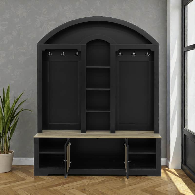 Modern Hall Tree Entryway Wardrobe with Shoe Storage. Coat Hooks. Shelves. Cabinets. USB LED Light