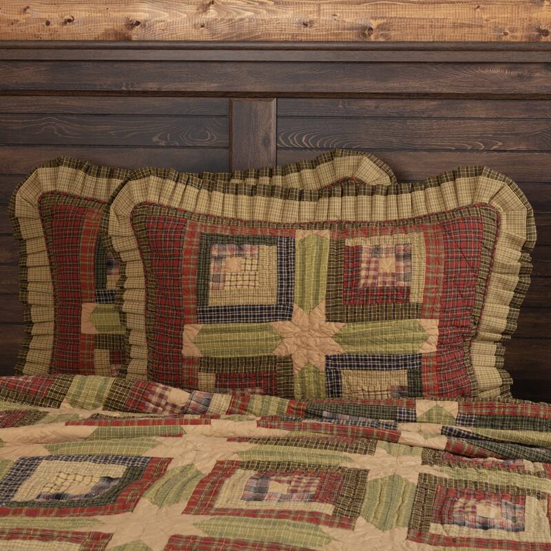 Green Rustic Bedding VHC Tea Cabin Sham Cotton Patchwork - Standard - Moss Green/Dark Khaki/Deep Red