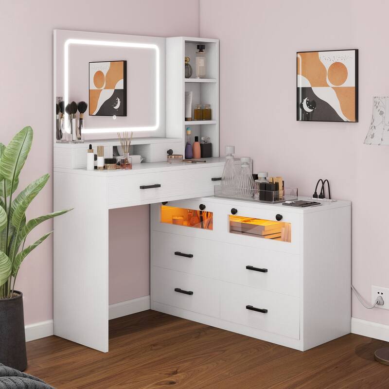 Moasis 64.9'' Makeup Vanity Desk Set with Drawers Storage Dresser & LED Lighted Mirror