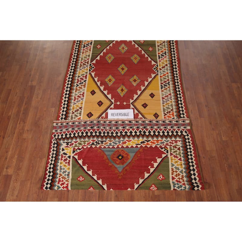 Vegetable Dye Orange Kilim Qashqai Persian Antique Wool Carpet - 4'4"x 10'10"