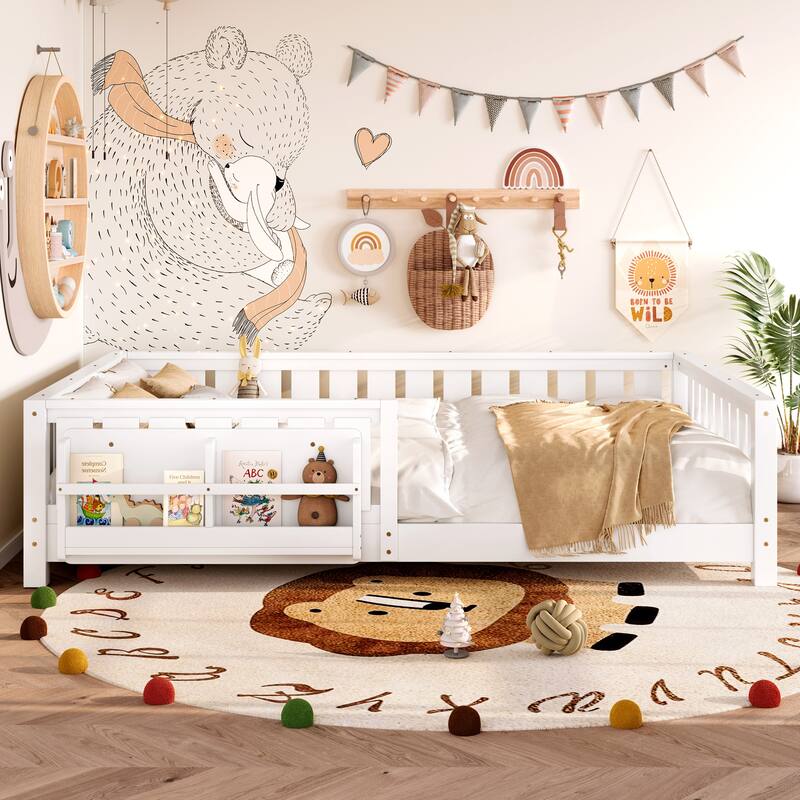 Montessori Floor Bed Low Profile Kids Bed with Rails & Bookshelf