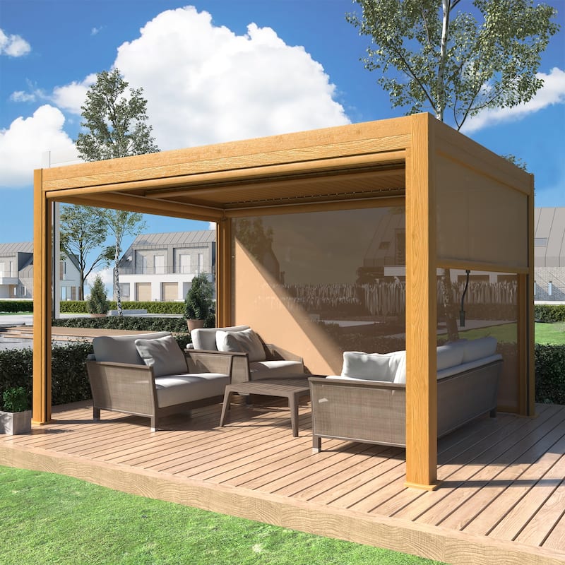 EROMMY Outdoor Louvered Pergola Gazebo with Adjustable Aluminum Rainproof Roof and Pull-Down Screen