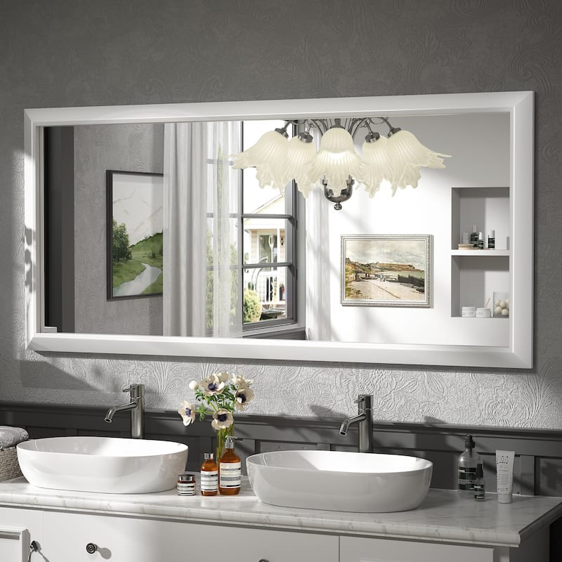 Beveled Metal Rectangle Framed Bathroom Vanity Tempered Glass Mirrors - 60" x 28" - White