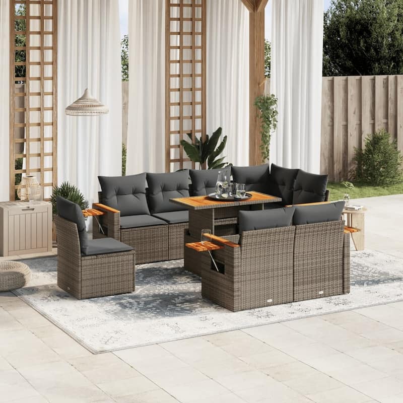 vidaXL Patio Sofa Set with Cushions Outdoor Furniture 9 Piece Poly Rattan - Grey - 21.7 x 39.4 x 28.7 in
