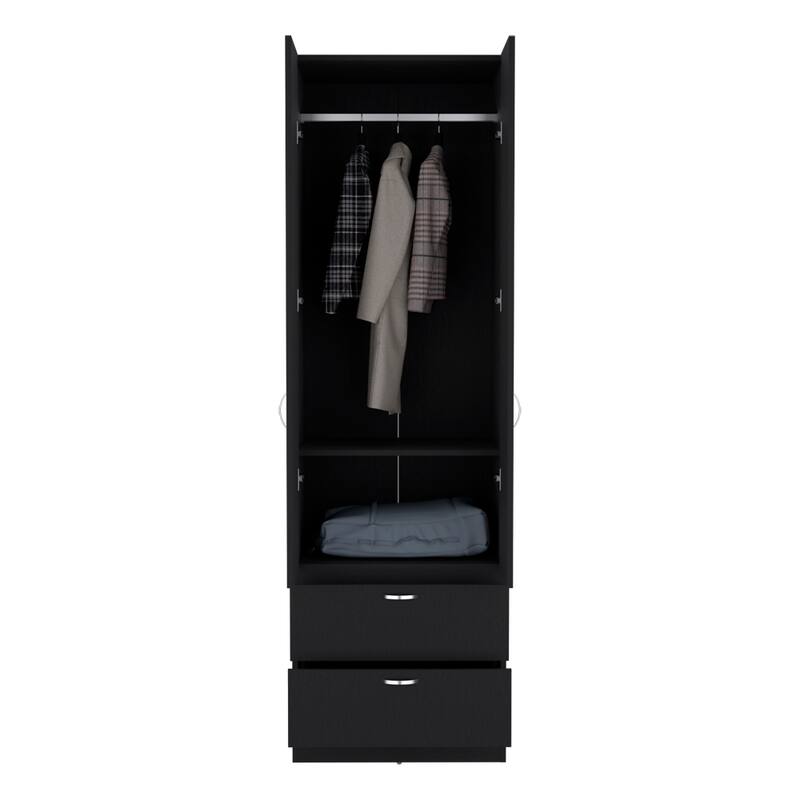19.5" Modern Double-door Armoire with Hanging Rod, One Shelf and Two Exterior Drawers