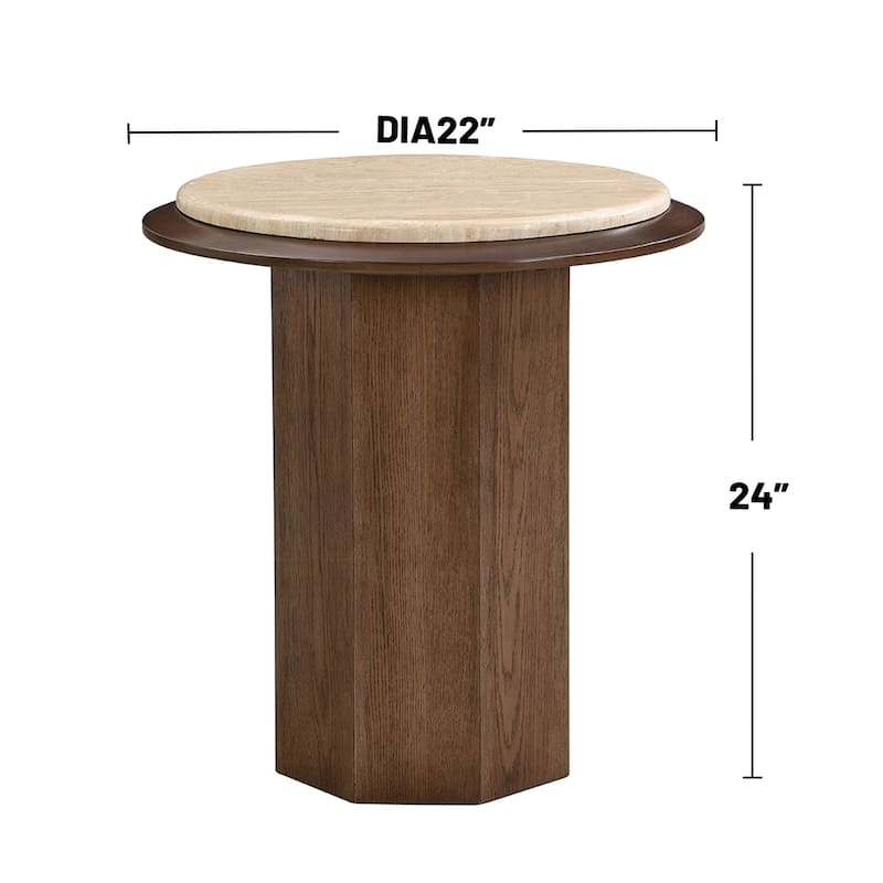 Wood and Travertine Stone End Table in Walnut