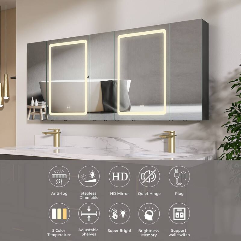 ZEAFIVE LED Black Bathroom Medicine Cabinet Surface Mount Defog Medicine Cabinet 3 Lights Dimmable