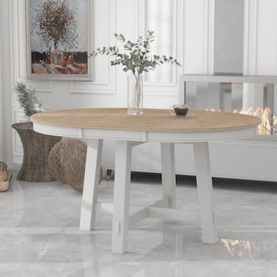 Farmhouse-style Round Extendable Dining Table For Dining Room,Solid Wood Dining Table