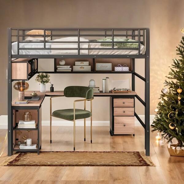 slide 2 of 25, Full Size Metal Loft Bed with Bookcase, L -shaped Desk and Cabinet for Studying or Office Black
