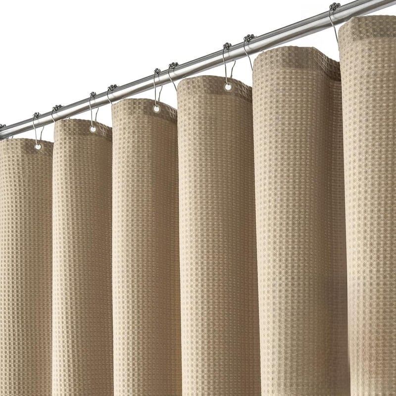 Waffle Textured Heavy Duty Thick Fabric Shower Curtain, Luxury Weighted Polyester Fabric Shower Curtain Set - Beige/Khaki