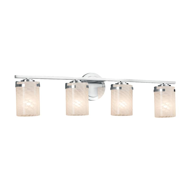 Justice Design Fusion Atlas 4-light Polished Chrome Bath Bar, Weave Cylinder - Flat Rim Shade - Silver