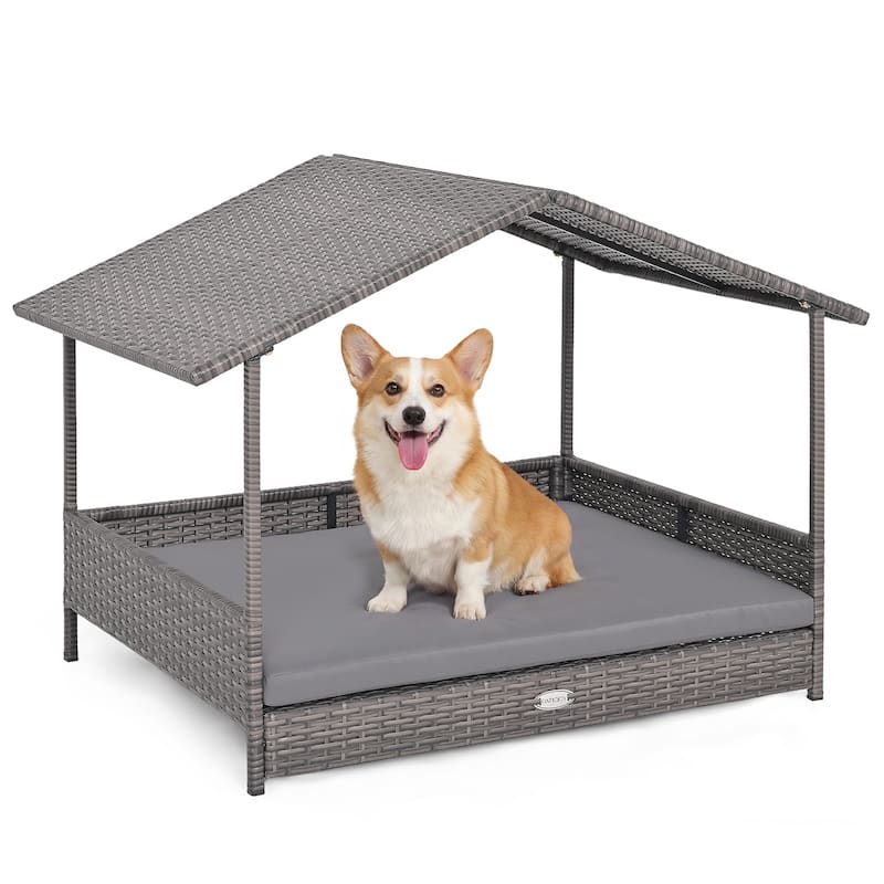 Gymax Wicker Dog House w/ Canopy PE Rattan Dog Bed Waterproof - Gray - Gray