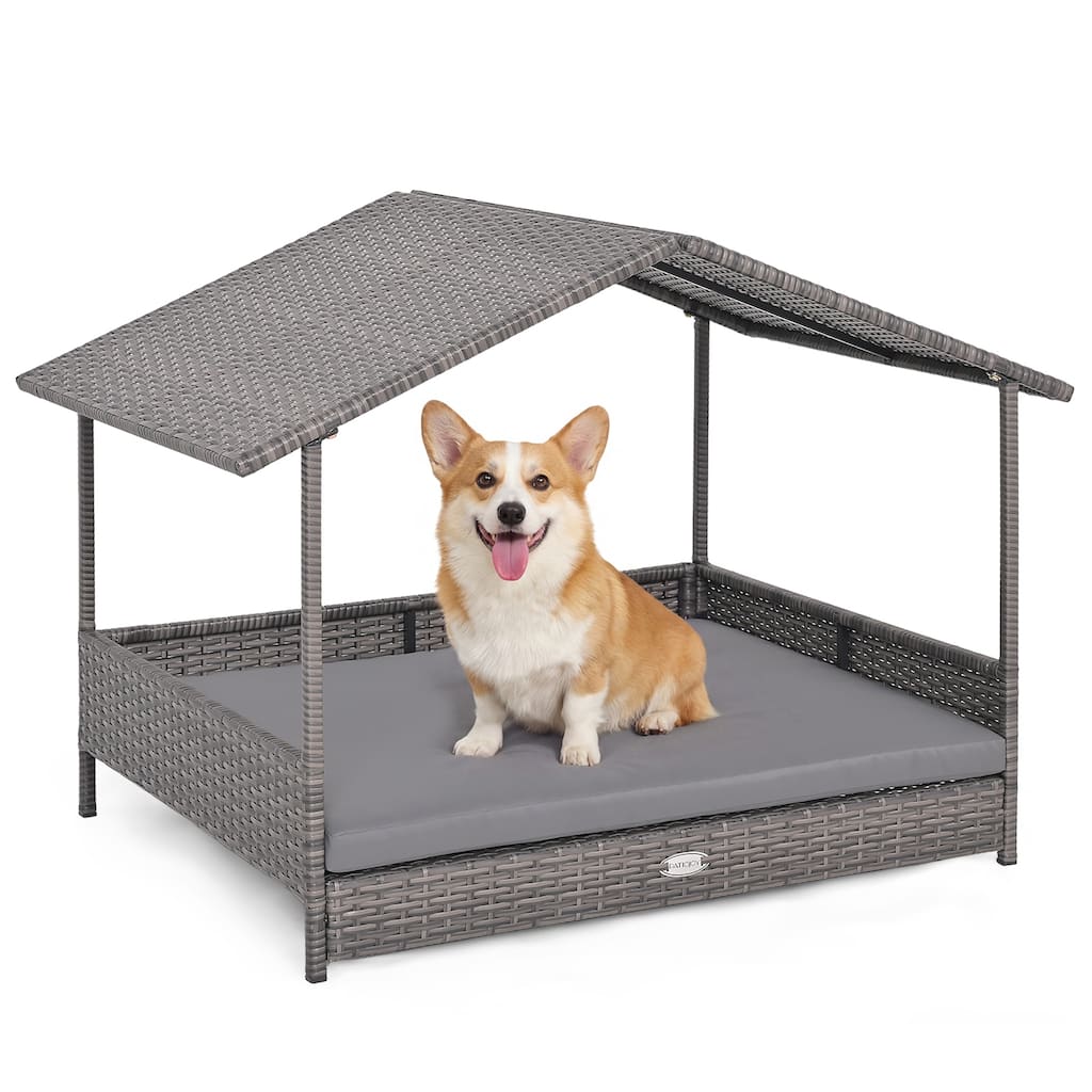 Gymax Wicker Dog House w/ Canopy PE Rattan Dog Bed Waterproof - Gray