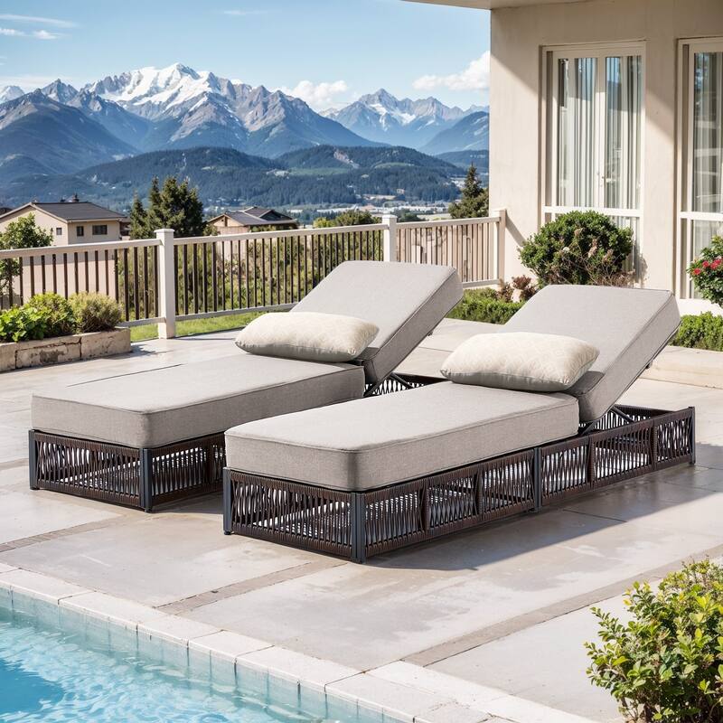 Pocassy Outdoor Lounge Chairs, Pool Lounge Chairs with Adjustable Backrest - 2-Piece Brown Wicker Beige Cushion