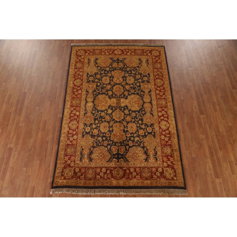 Navy Blue Floral Agra Oriental Area Rug Hand-Knotted Wool Carpet - 5'11" x 8'11"