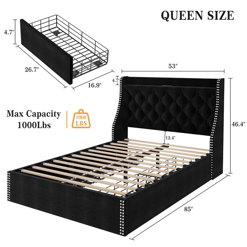 Bed Frame with 4 Storage Drawers and Headboard