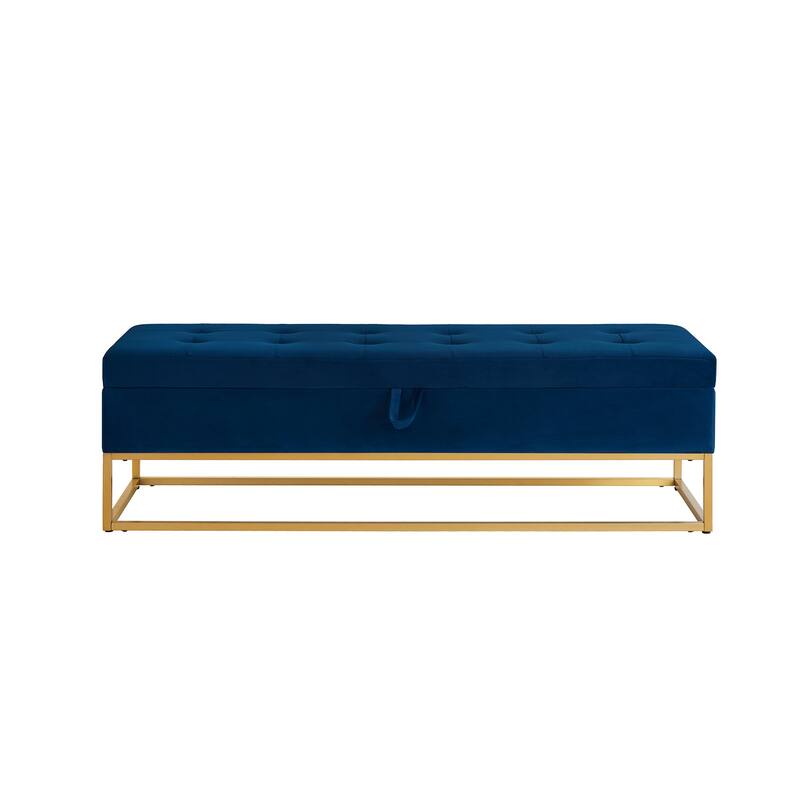 Velvet Upholstered Storage Seat Leisure Stool with Metal Frame, Exquisite End of Bed Corridor Stool with Button Tufting
