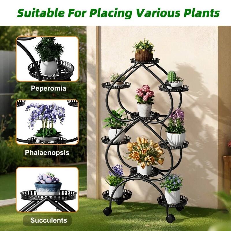 Iron Metal Plant Stand 9-Potted Flower Holder with Wheels Display Rack - 28.7x11.8x48.8 inch