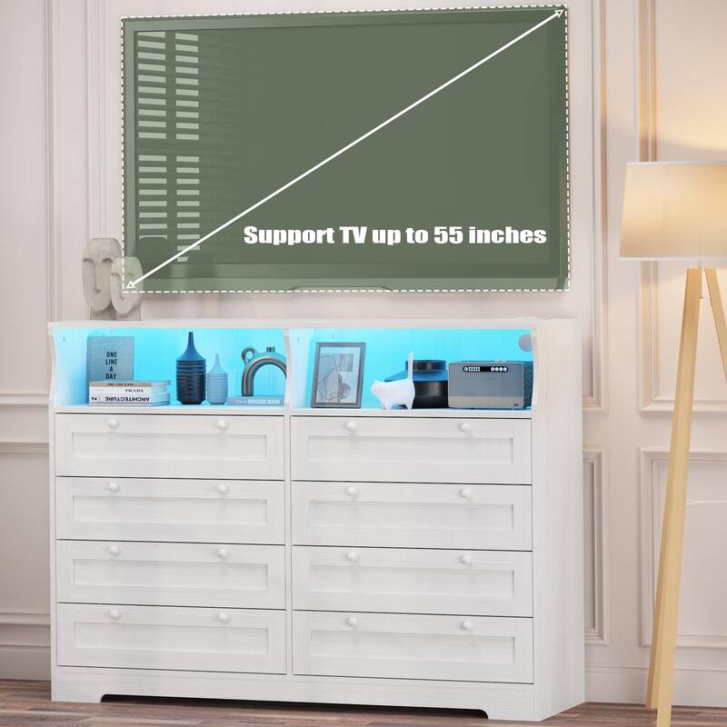 8 Drawers Wooden Dressers for Bedroom Living Room, Hallway, Wood Dressers with Led Lights and Charging Station