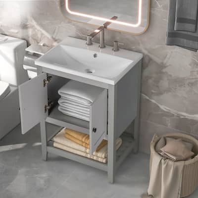 24"Sleek Bathroom Vanity Elegant Ceramic Sink with Solid Wood Frame Open Style Shelf