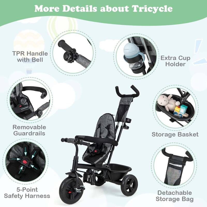 All-in-1 Tricycle Kids Trike Stroller w/Adjustable Push Handle &Canopy