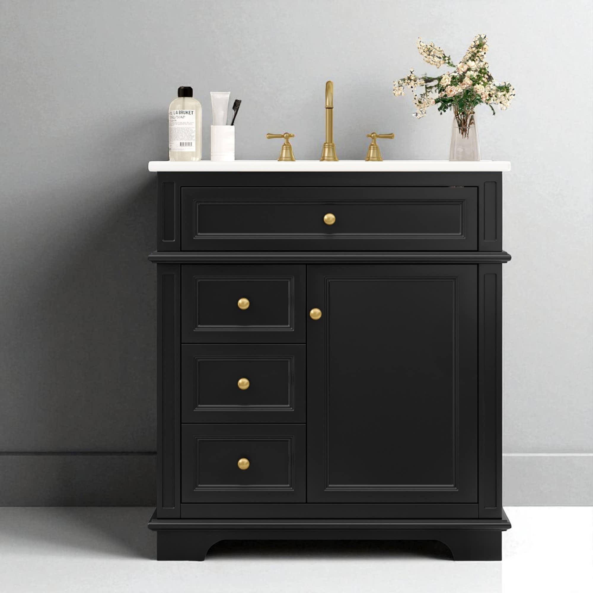 30" Black Bathroom Vanity with Ceramic Sink, 4 Drawers, Soft-Close Door Shelf and Tip-Out Drawer