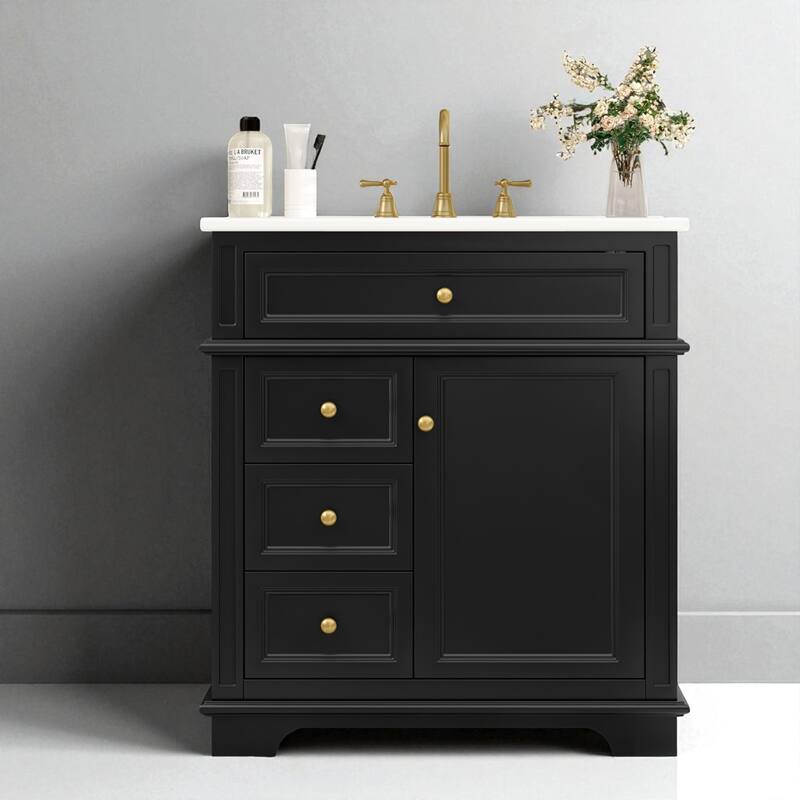 30" Black Bathroom Vanity with Ceramic Sink, 4 Drawers, Soft-Close Door Shelf and Tip-Out Drawer - Black