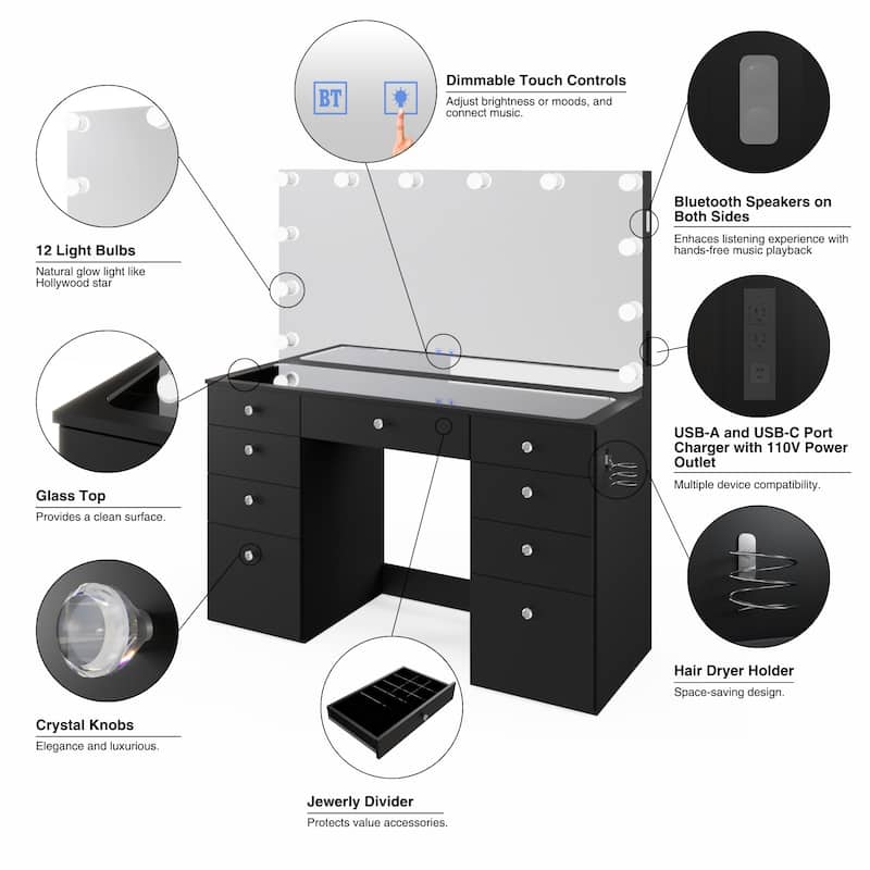 Makeup Vanity Desk w/ Bluetooth Speakers 9 Drawers Glam Glass Top Lighted Crystal Knobs Hairdryer Holder USB Ports