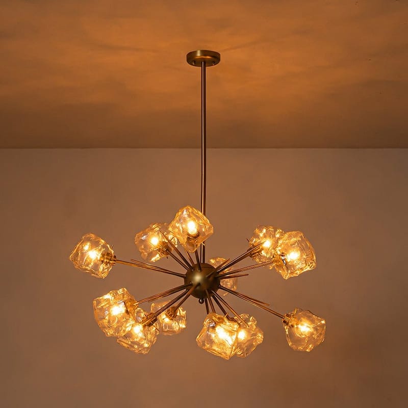 12-Light Sunburst Clear Glass Ice Shade Chandelier Brushed Brass