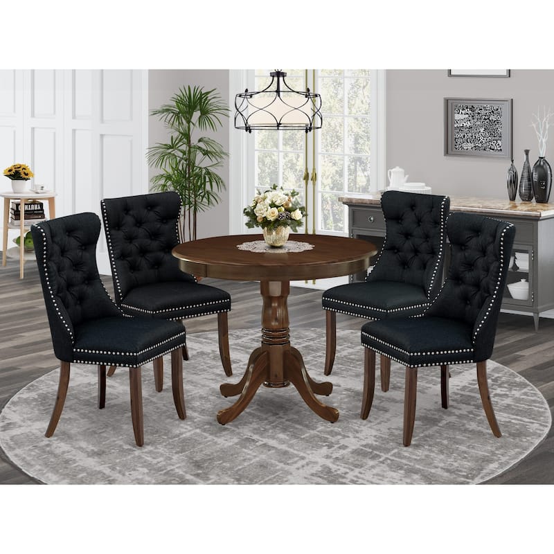 East West Furniture Kitchen Table Set Contains a Round Dining Table and Padded Chairs, Antique Walnut (Pieces Options) - ANDA5-AWA-24