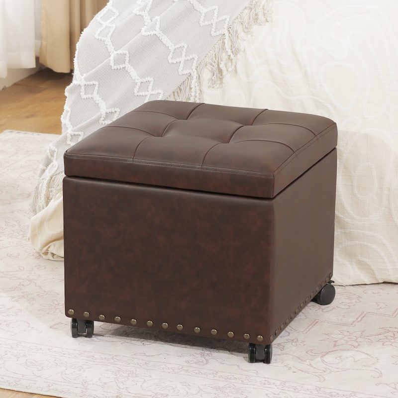 Adeco Bonded Leather Storage Ottoman Square Tufted Cube Footstool - Brown-with-Nailhead-Trim-Casters