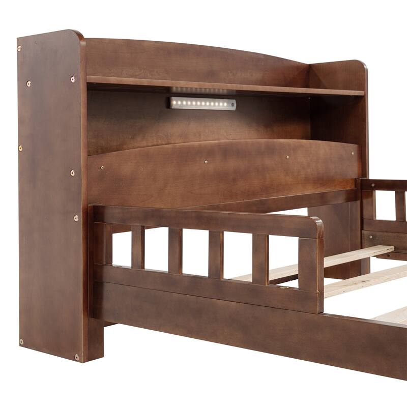 Full Size Pine Bed w/ Bookcase Headboard ,LED Sensor Light, Guardrails