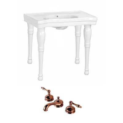 White Console Bathroom Sink 35.5 W Wall Mount Sink with Pedestal Legs, Overflow, Rose Gold 8 Faucet and Drain